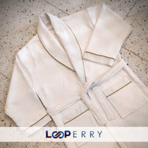 Combed Cotton Terry Waffle Bathrobe With Satin Gold Color Piping