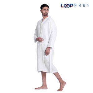 Looperry Unisex White Waffle Bathrobe in Dyed Satin Piping. Luxurious & Lightweight Shower Robe in Organic Cotton Poly Blend.