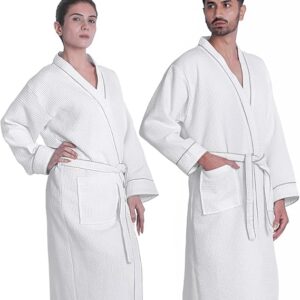 Looperry Unisex White Waffle Bathrobe (1 Piece) Luxurious & Lightweight Shower Robe in Organic Cotton Poly Blend