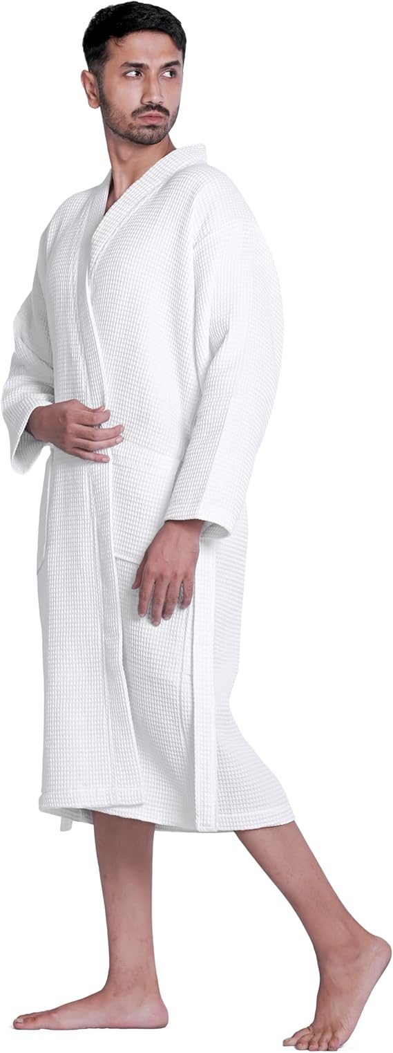 Looperry Unisex White Waffle Bathrobe (1 Piece) Luxurious & Lightweight Shower Robe in Organic Cotton Poly Blend - Image 5