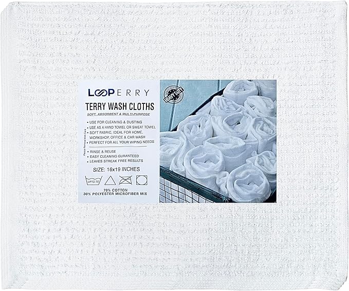 Looperry White Terry Cloth Rags (60 Pack Bulk) 13"x13" Inches Commercial Grade Dish Cloth Multipurpose Cleaning Rags for Housekeeping, Car Wash. Absorbent & Reusable Bar Mop Towels for Kitchen Cotton - Image 8
