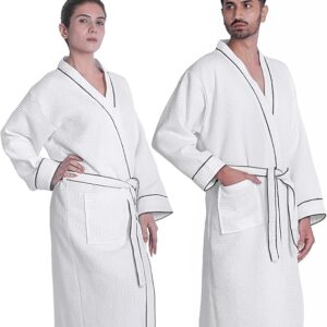 Unisex White Waffle Bathrobe With Piping
