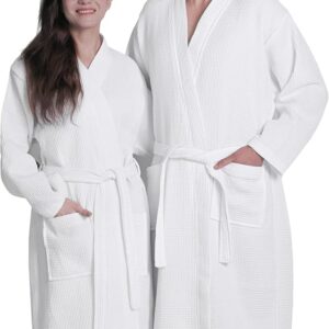 Unisex White Waffle Bathrobe Without Piping